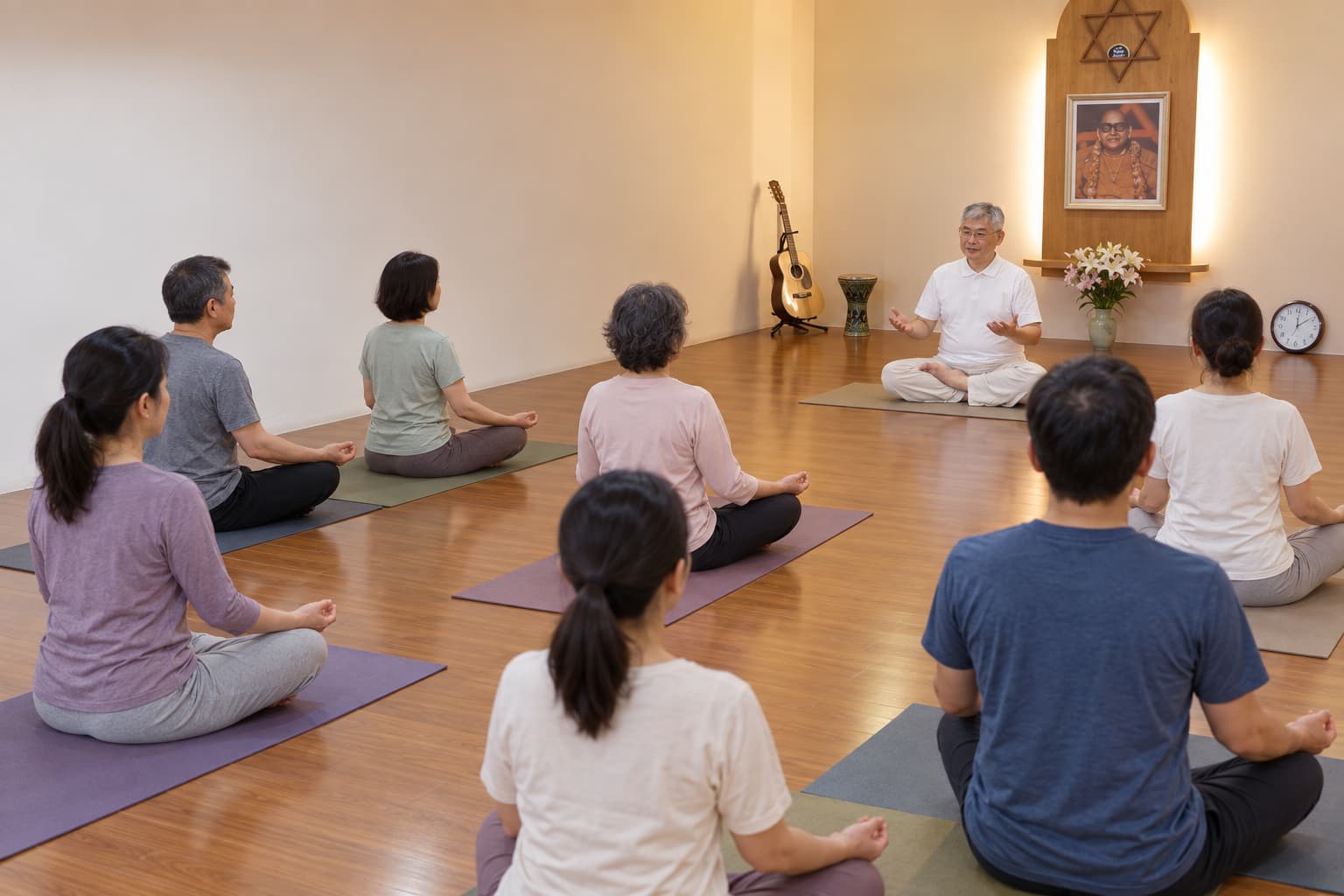 A gentle indoor yoga class at Ananda Marga Taipei